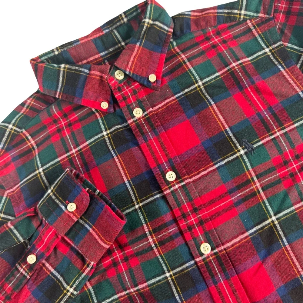 Ralph Lauren Flannel Button Down Shirt Boys L 14-16 Red Green Tartan Plaid